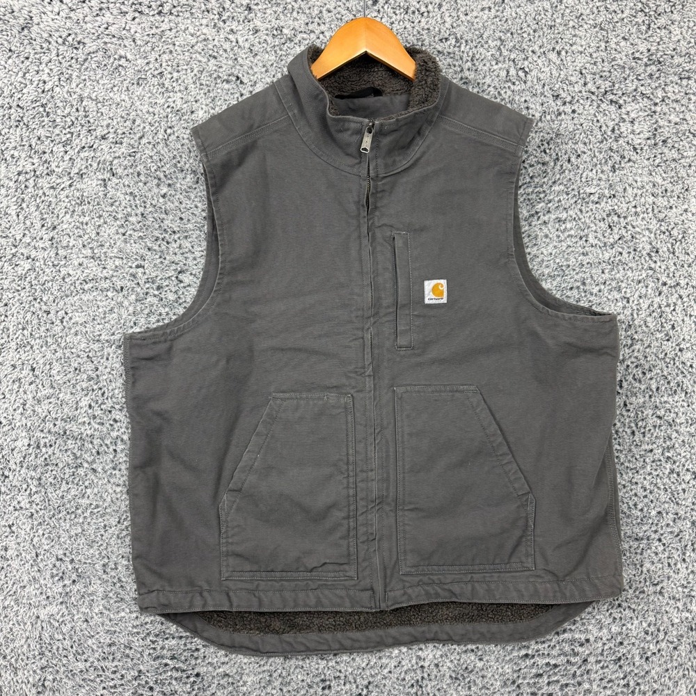 Carhartt Vest Mens XL Gray Sherpa Lined Canvas Loose Fit Work Wear OV4277-M